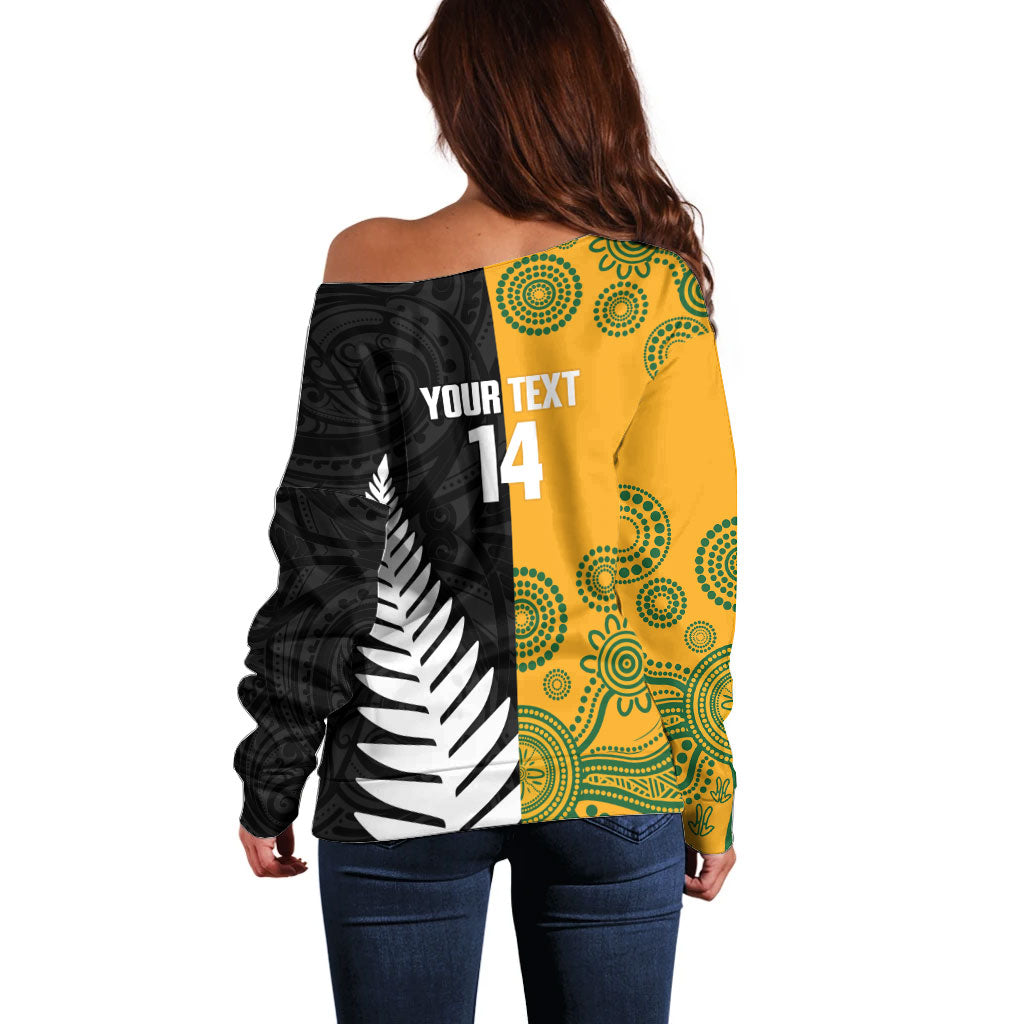 New Zealand Australia Rugby Bledisloe 2026 Custom Off Shoulder Sweater Champion Trophy Maori Aboriginal Art