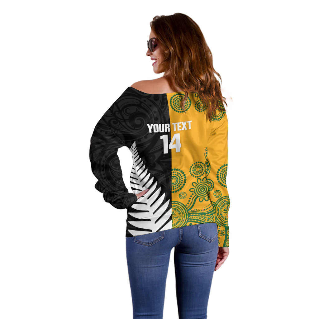 New Zealand Australia Rugby Bledisloe 2026 Custom Off Shoulder Sweater Champion Trophy Maori Aboriginal Art