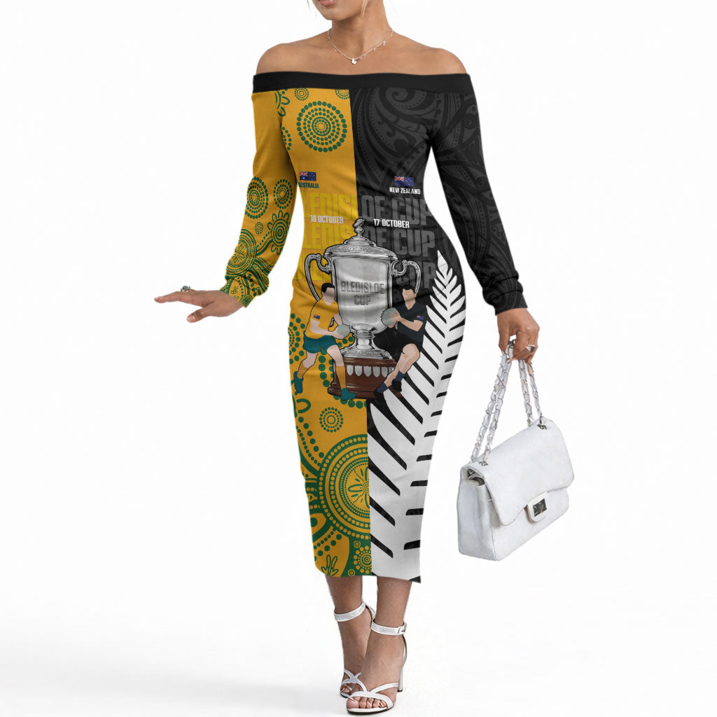 New Zealand Australia Rugby Bledisloe 2026 Custom Off The Shoulder Long Sleeve Dress Champion Trophy Maori Aboriginal Art