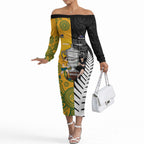 New Zealand Australia Rugby Bledisloe 2026 Custom Off The Shoulder Long Sleeve Dress Champion Trophy Maori Aboriginal Art