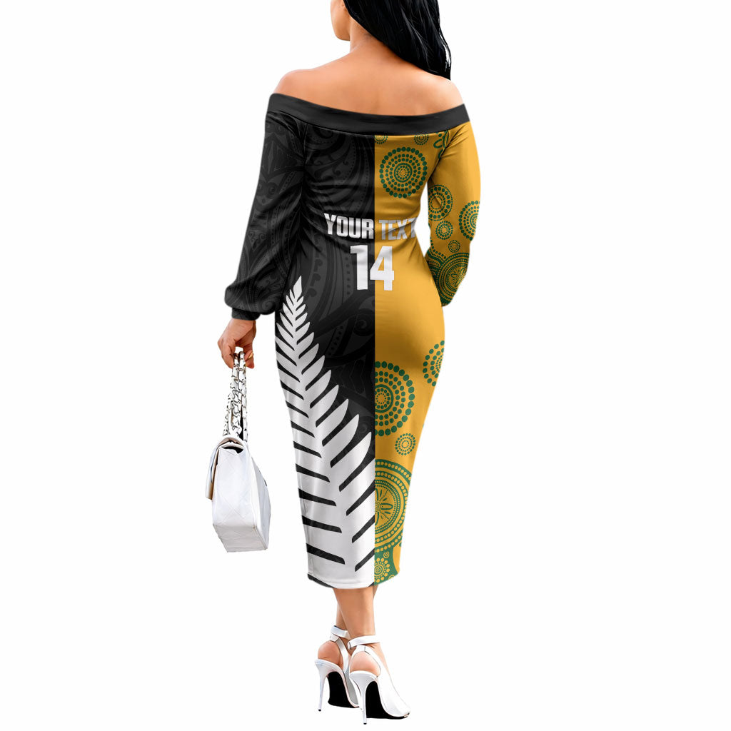 New Zealand Australia Rugby Bledisloe 2026 Custom Off The Shoulder Long Sleeve Dress Champion Trophy Maori Aboriginal Art