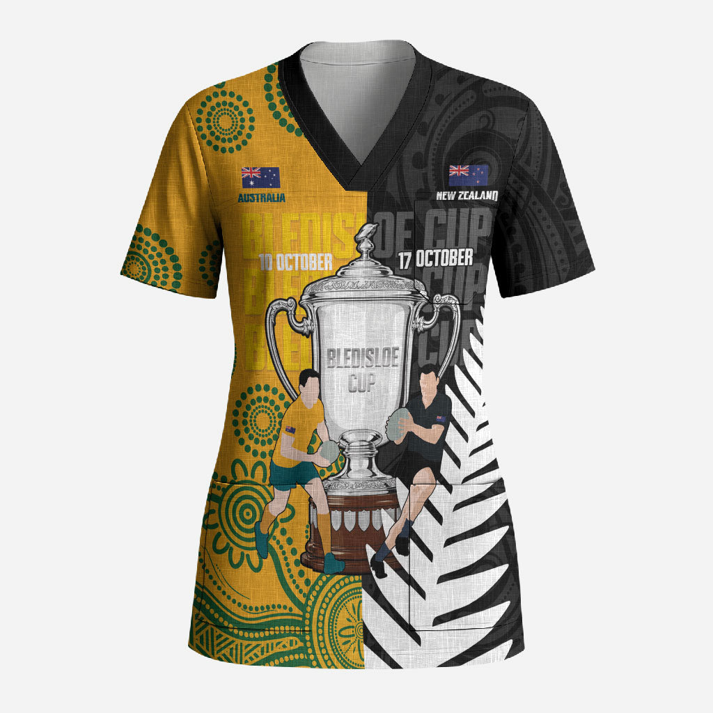 New Zealand Australia Rugby Bledisloe 2026 Custom Scrub Top Champion Trophy Maori Aboriginal Art