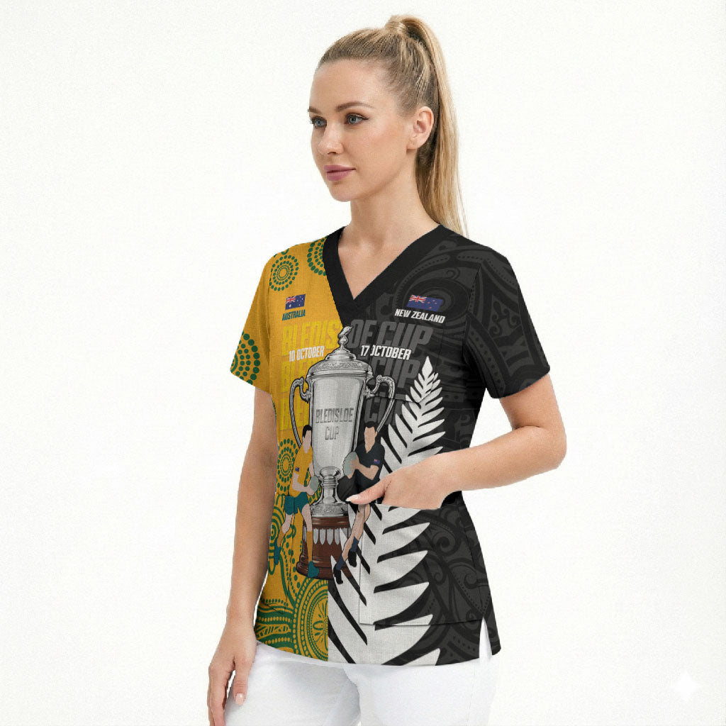 New Zealand Australia Rugby Bledisloe 2026 Custom Scrub Top Champion Trophy Maori Aboriginal Art