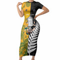 New Zealand Australia Rugby Bledisloe 2026 Custom Short Sleeve Bodycon Dress Champion Trophy Maori Aboriginal Art