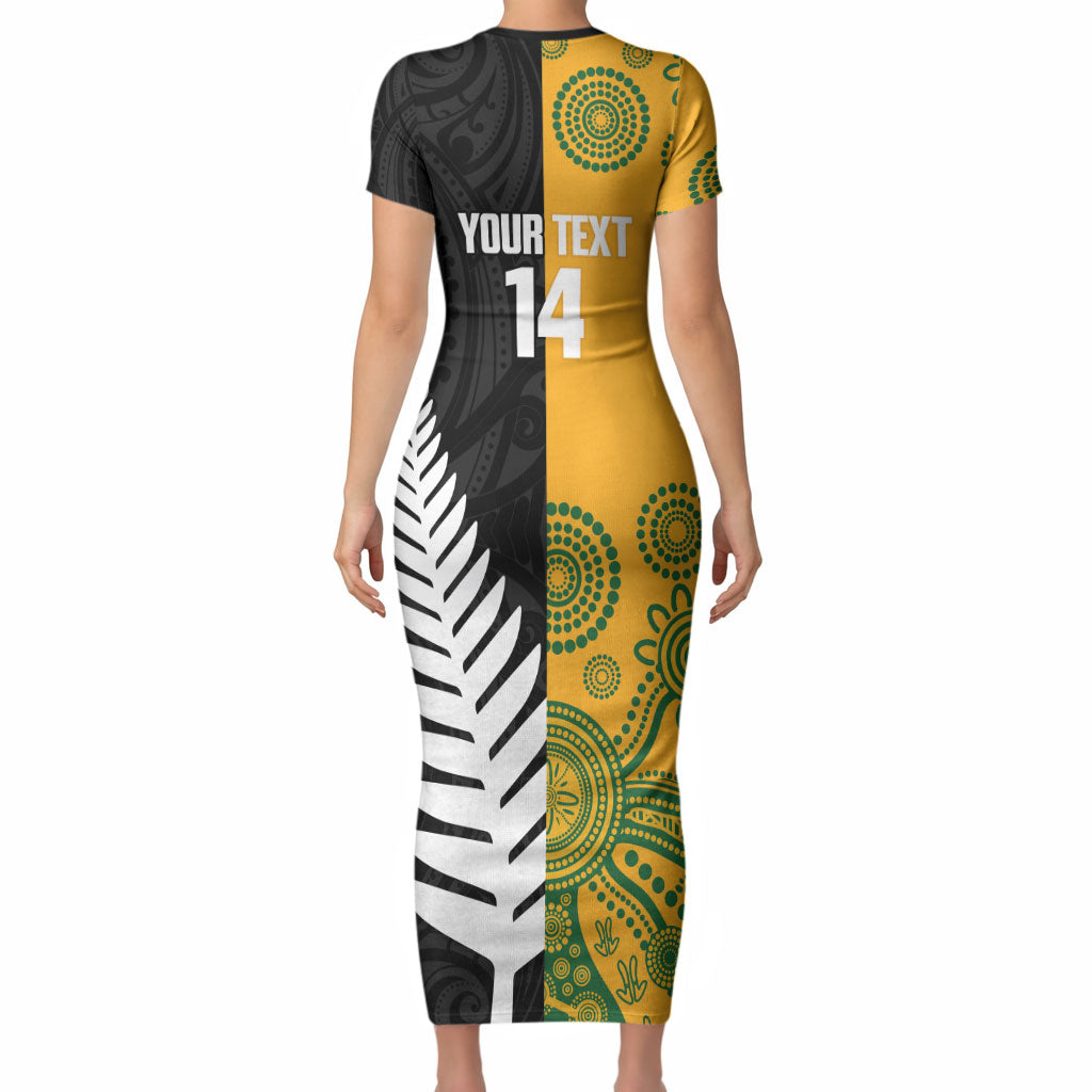 New Zealand Australia Rugby Bledisloe 2026 Custom Short Sleeve Bodycon Dress Champion Trophy Maori Aboriginal Art