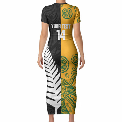 New Zealand Australia Rugby Bledisloe 2026 Custom Short Sleeve Bodycon Dress Champion Trophy Maori Aboriginal Art