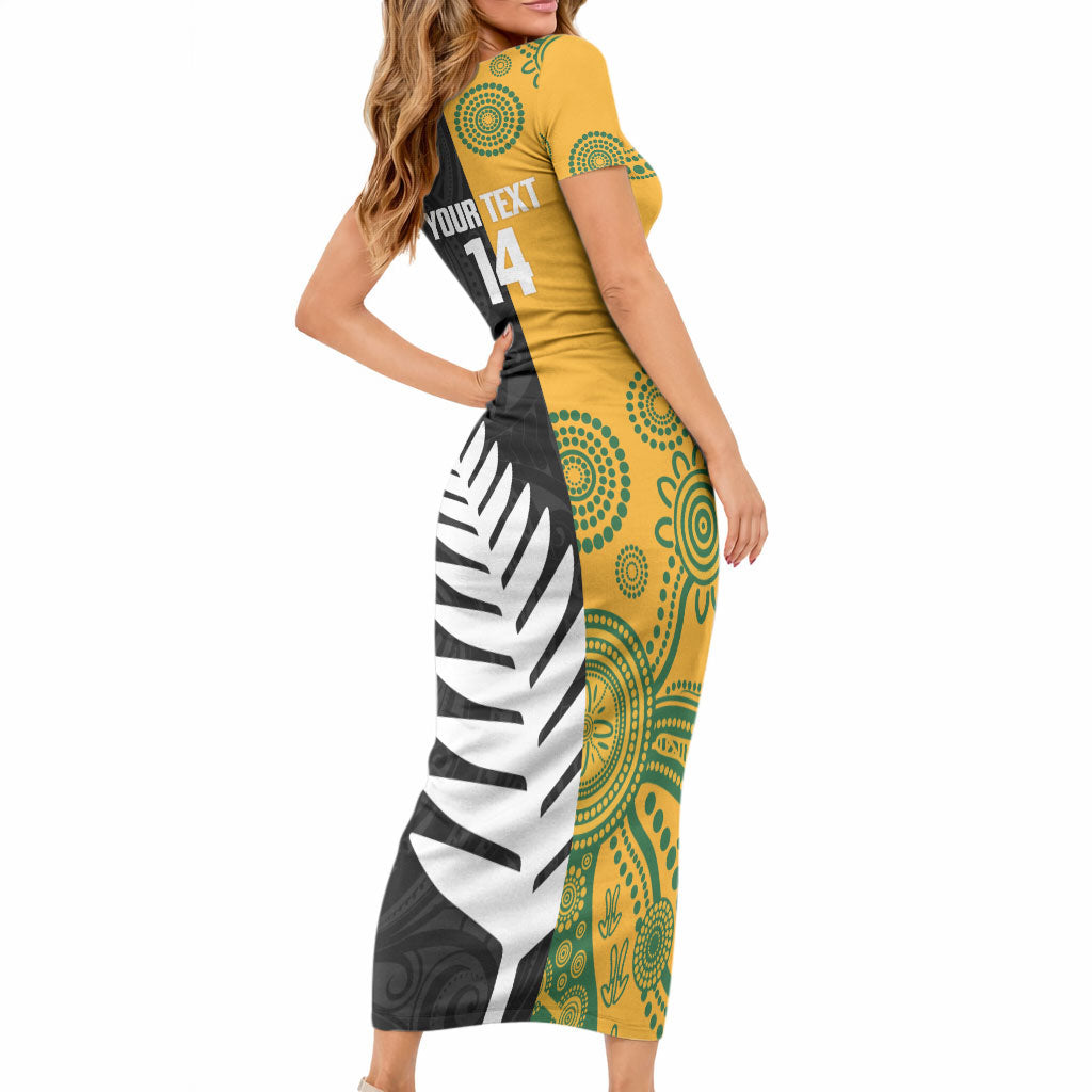 New Zealand Australia Rugby Bledisloe 2026 Custom Short Sleeve Bodycon Dress Champion Trophy Maori Aboriginal Art