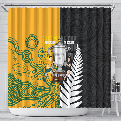New Zealand Australia Rugby Bledisloe 2026 Shower Curtain Champion Trophy Maori Aboriginal Art