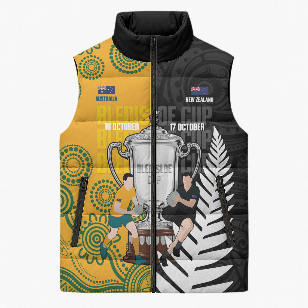 New Zealand Australia Rugby Bledisloe 2026 Custom Sleeveless Puffer Jacket Champion Trophy Maori Aboriginal Art