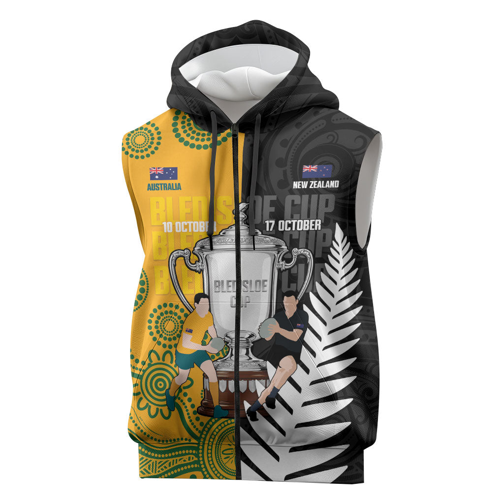 New Zealand Australia Rugby Bledisloe 2026 Custom Sleeveless Zip Hoodie Champion Trophy Maori Aboriginal Art