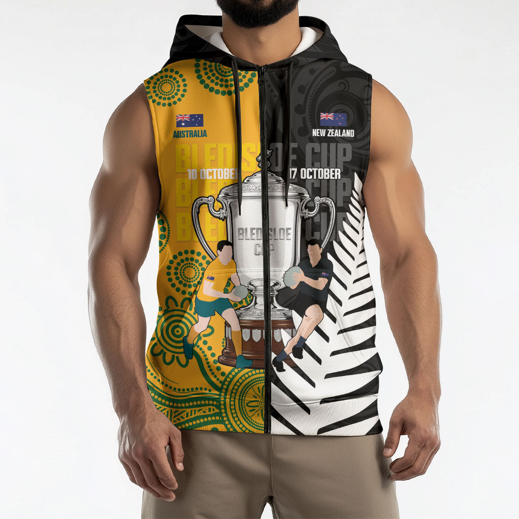 New Zealand Australia Rugby Bledisloe 2026 Custom Sleeveless Zip Hoodie Champion Trophy Maori Aboriginal Art