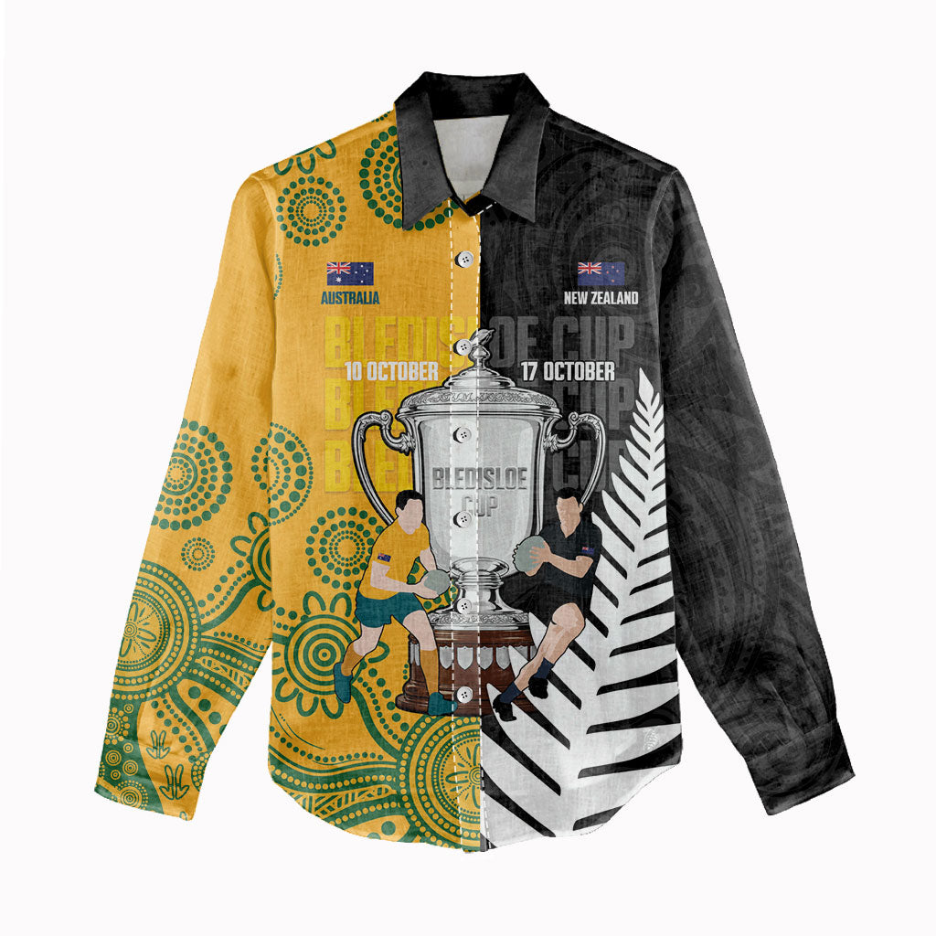 New Zealand Australia Rugby Bledisloe 2026 Custom Women Casual Shirt Champion Trophy Maori Aboriginal Art