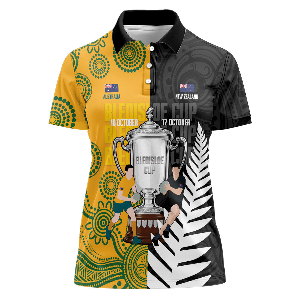 New Zealand Australia Rugby Bledisloe 2026 Custom Women Polo Shirt Champion Trophy Maori Aboriginal Art