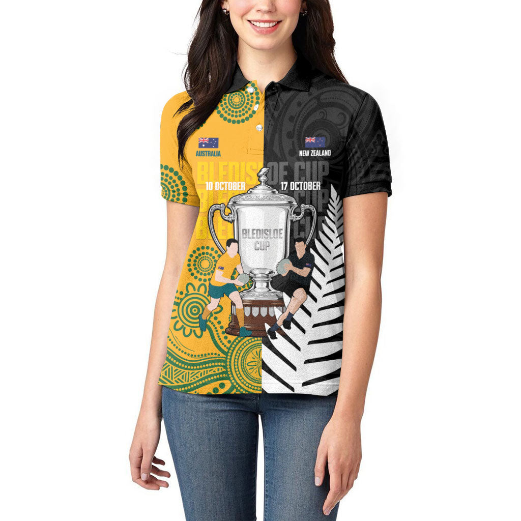 New Zealand Australia Rugby Bledisloe 2026 Custom Women Polo Shirt Champion Trophy Maori Aboriginal Art