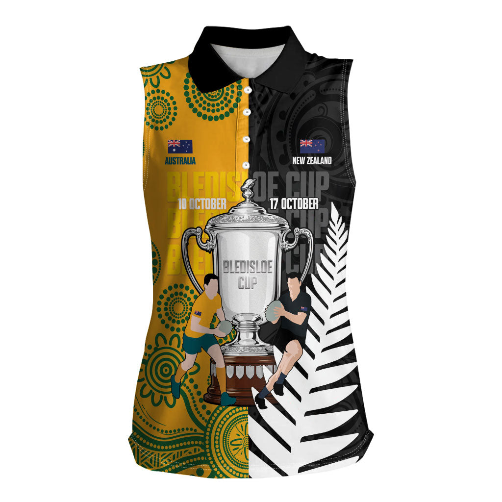 New Zealand Australia Rugby Bledisloe 2026 Custom Women Sleeveless Polo Shirt Champion Trophy Maori Aboriginal Art