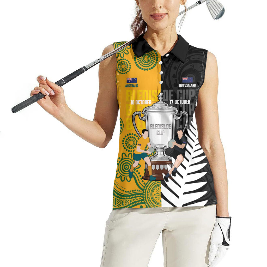 New Zealand Australia Rugby Bledisloe 2026 Custom Women Sleeveless Polo Shirt Champion Trophy Maori Aboriginal Art