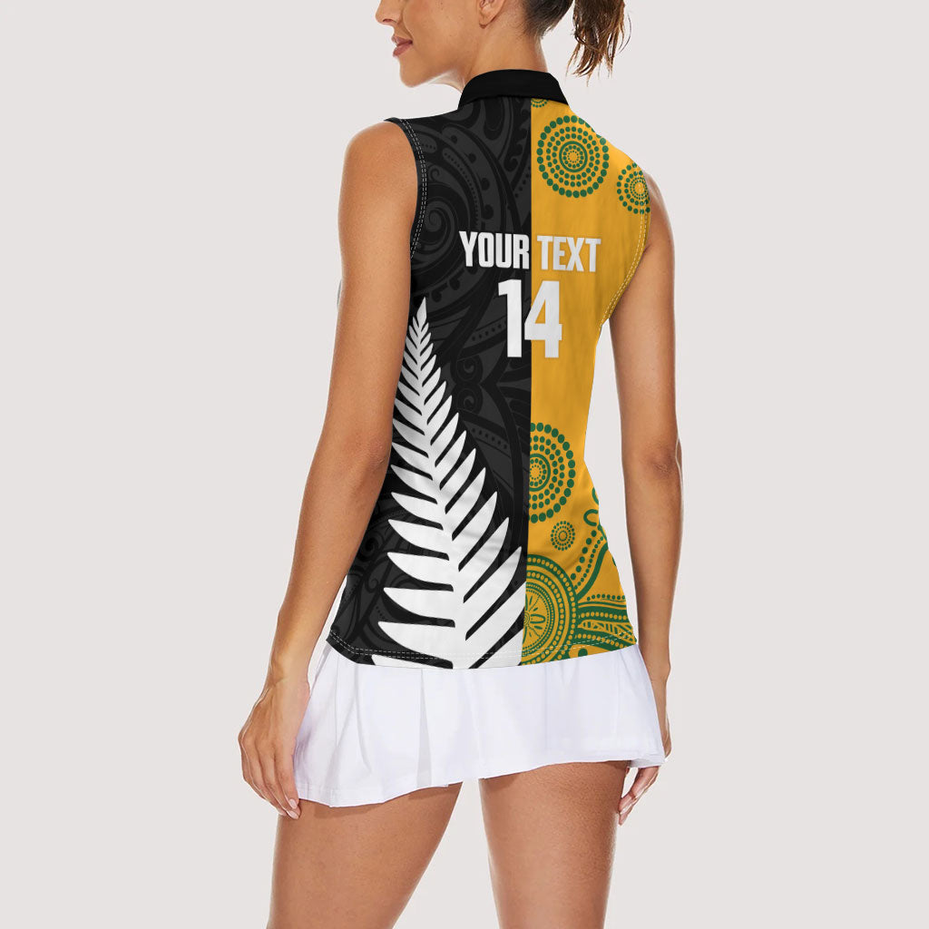 New Zealand Australia Rugby Bledisloe 2026 Custom Women Sleeveless Polo Shirt Champion Trophy Maori Aboriginal Art