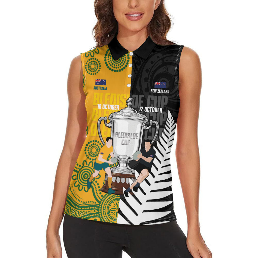 New Zealand Australia Rugby Bledisloe 2026 Custom Women Sleeveless Polo Shirt Champion Trophy Maori Aboriginal Art
