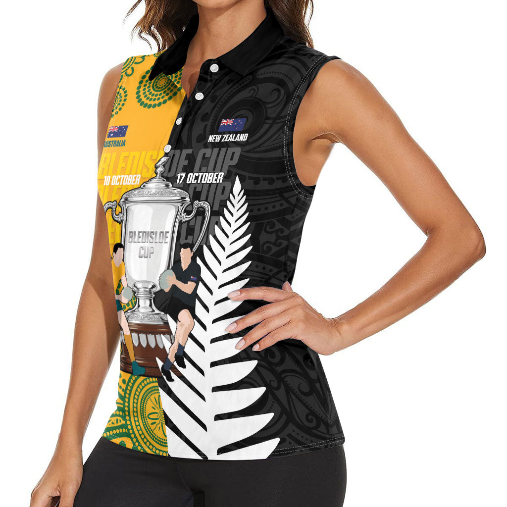 New Zealand Australia Rugby Bledisloe 2026 Custom Women Sleeveless Polo Shirt Champion Trophy Maori Aboriginal Art