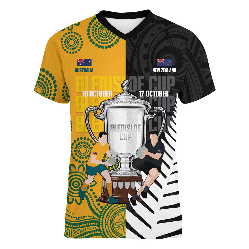 New Zealand Australia Rugby Bledisloe 2026 Custom Women V-Neck T-Shirt Champion Trophy Maori Aboriginal Art
