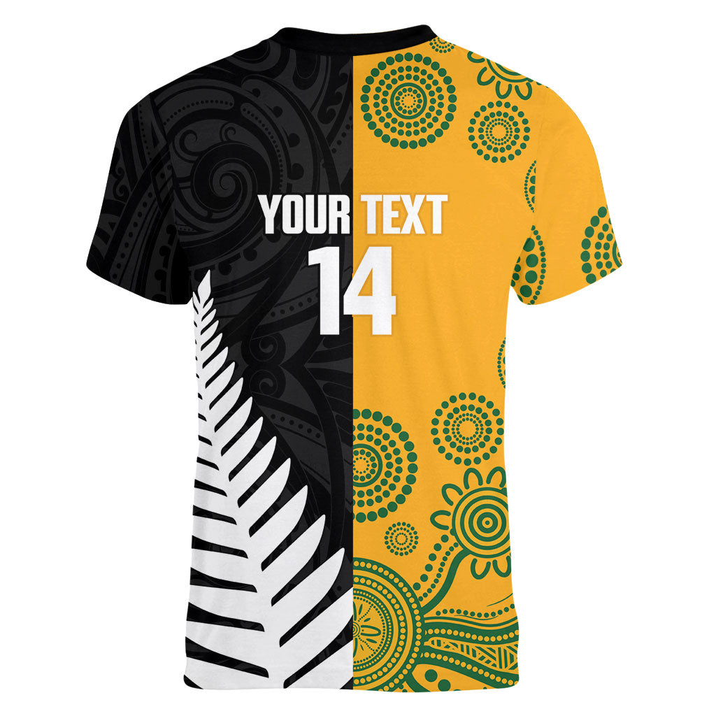 New Zealand Australia Rugby Bledisloe 2026 Custom Women V-Neck T-Shirt Champion Trophy Maori Aboriginal Art