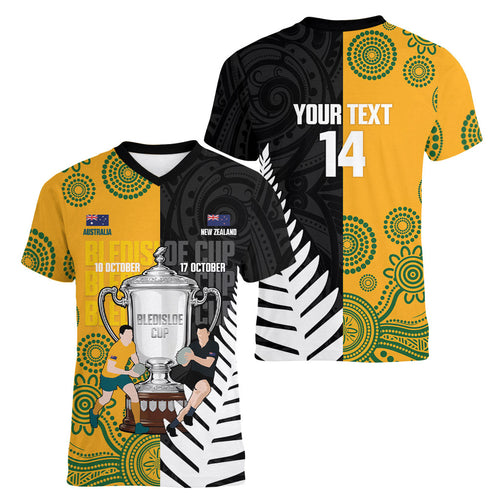 New Zealand Australia Rugby Bledisloe 2026 Custom Women V-Neck T-Shirt Champion Trophy Maori Aboriginal Art