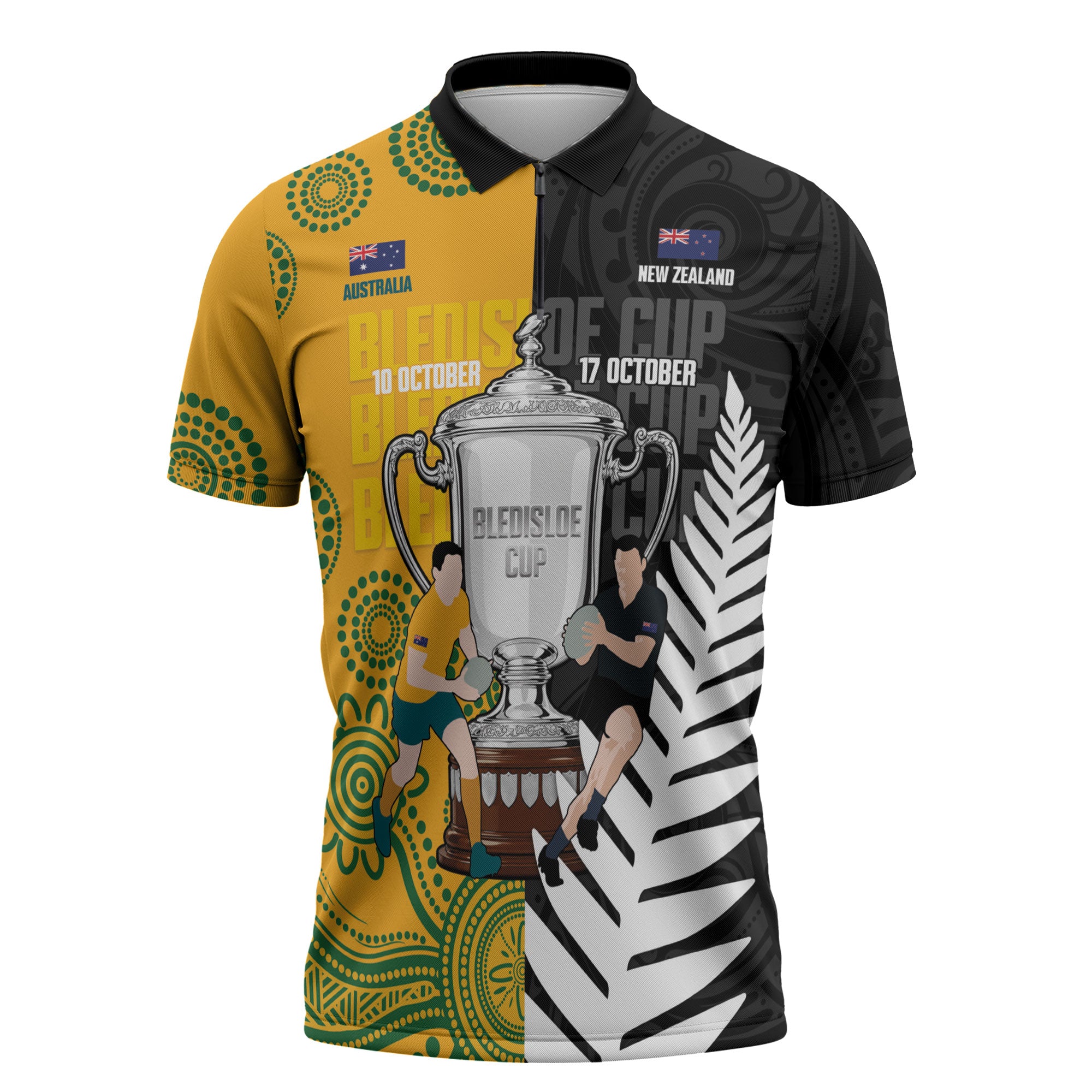 New Zealand Australia Rugby Bledisloe 2026 Custom Zipper Polo Shirt Champion Trophy Maori Aboriginal Art