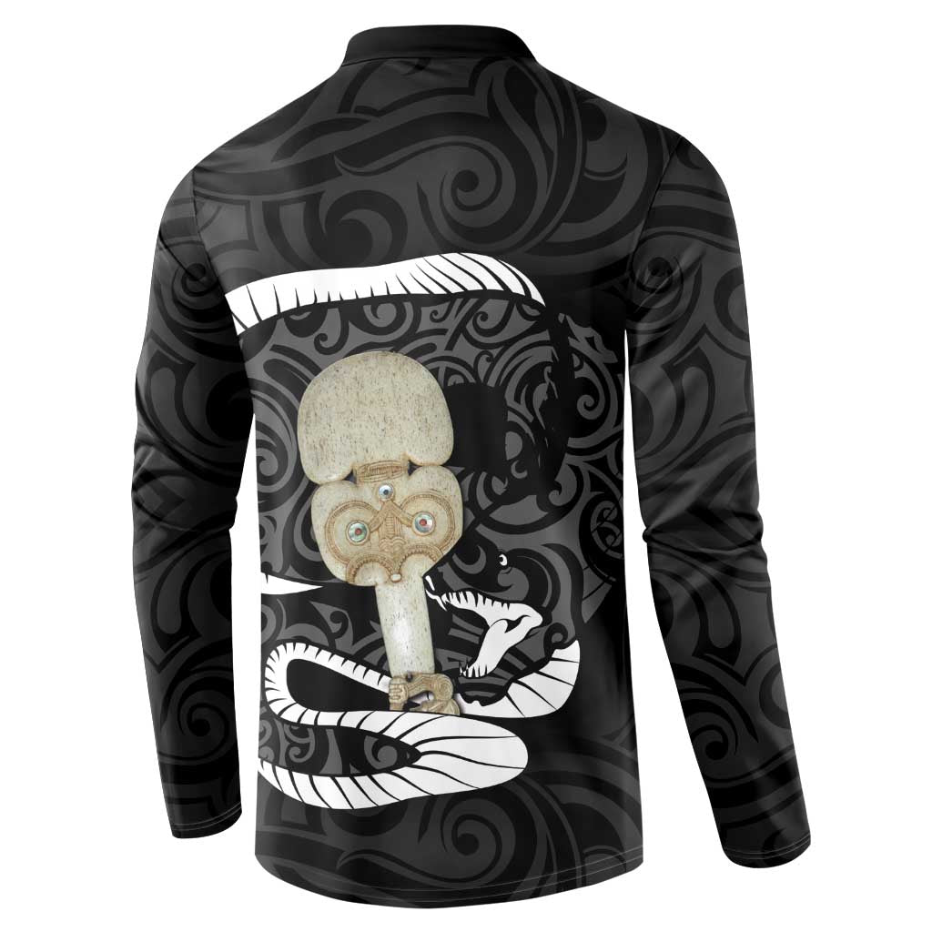 Black New Zealand Eel Button Sweatshirt Aotearoa Maori Tuna With Kotiate Weapon