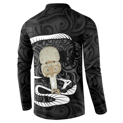 Black New Zealand Eel Button Sweatshirt Aotearoa Maori Tuna With Kotiate Weapon