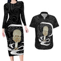 Black New Zealand Eel Couples Matching Long Sleeve Bodycon Dress and Hawaiian Shirt Aotearoa Maori Tuna With Kotiate Weapon