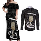 Black New Zealand Eel Couples Matching Off Shoulder Maxi Dress and Long Sleeve Button Shirt Aotearoa Maori Tuna With Kotiate Weapon