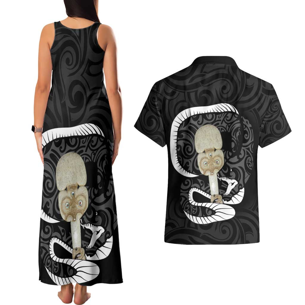 Black New Zealand Eel Couples Matching Tank Maxi Dress and Hawaiian Shirt Aotearoa Maori Tuna With Kotiate Weapon