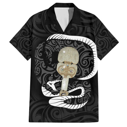 Black New Zealand Eel Family Matching Off Shoulder Short Dress and Hawaiian Shirt Aotearoa Maori Tuna With Kotiate Weapon