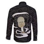 Black New Zealand Eel Family Matching Off Shoulder Short Dress and Hawaiian Shirt Aotearoa Maori Tuna With Kotiate Weapon