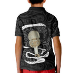 Black New Zealand Eel Kid Polo Shirt Aotearoa Maori Tuna With Kotiate Weapon