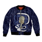 Blue New Zealand Eel Bomber Jacket Aotearoa Maori Tuna With Kotiate Weapon