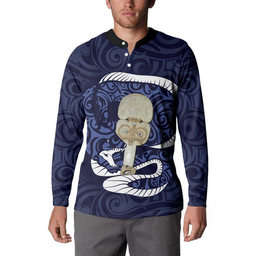 Blue New Zealand Eel Button Sweatshirt Aotearoa Maori Tuna With Kotiate Weapon
