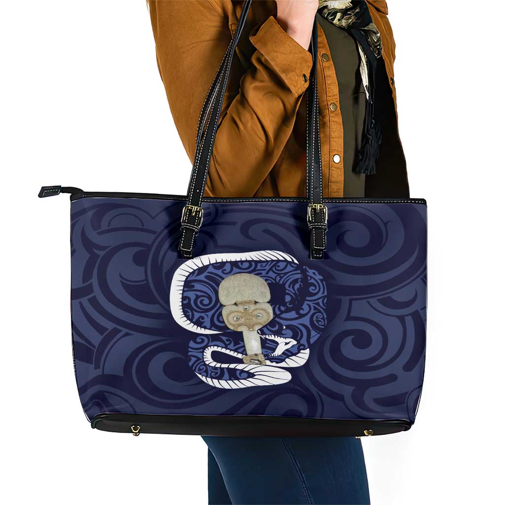 Blue New Zealand Eel Leather Tote Bag Aotearoa Maori Tuna With Kotiate Weapon