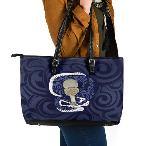 Blue New Zealand Eel Leather Tote Bag Aotearoa Maori Tuna With Kotiate Weapon