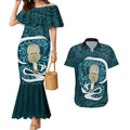 Turquoise New Zealand Eel Couples Matching Mermaid Dress and Hawaiian Shirt Aotearoa Maori Tuna With Kotiate Weapon