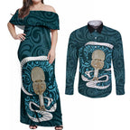 Turquoise New Zealand Eel Couples Matching Off Shoulder Maxi Dress and Long Sleeve Button Shirt Aotearoa Maori Tuna With Kotiate Weapon