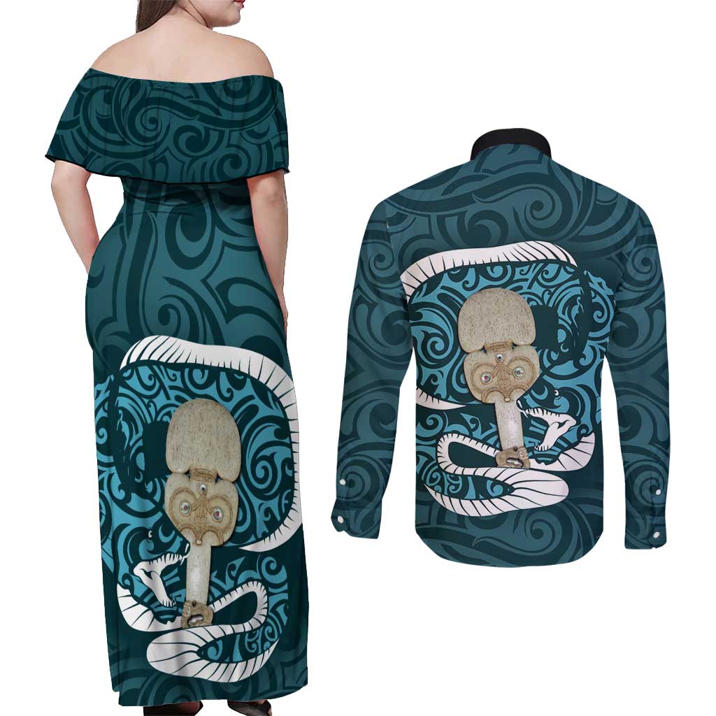 Turquoise New Zealand Eel Couples Matching Off Shoulder Maxi Dress and Long Sleeve Button Shirt Aotearoa Maori Tuna With Kotiate Weapon
