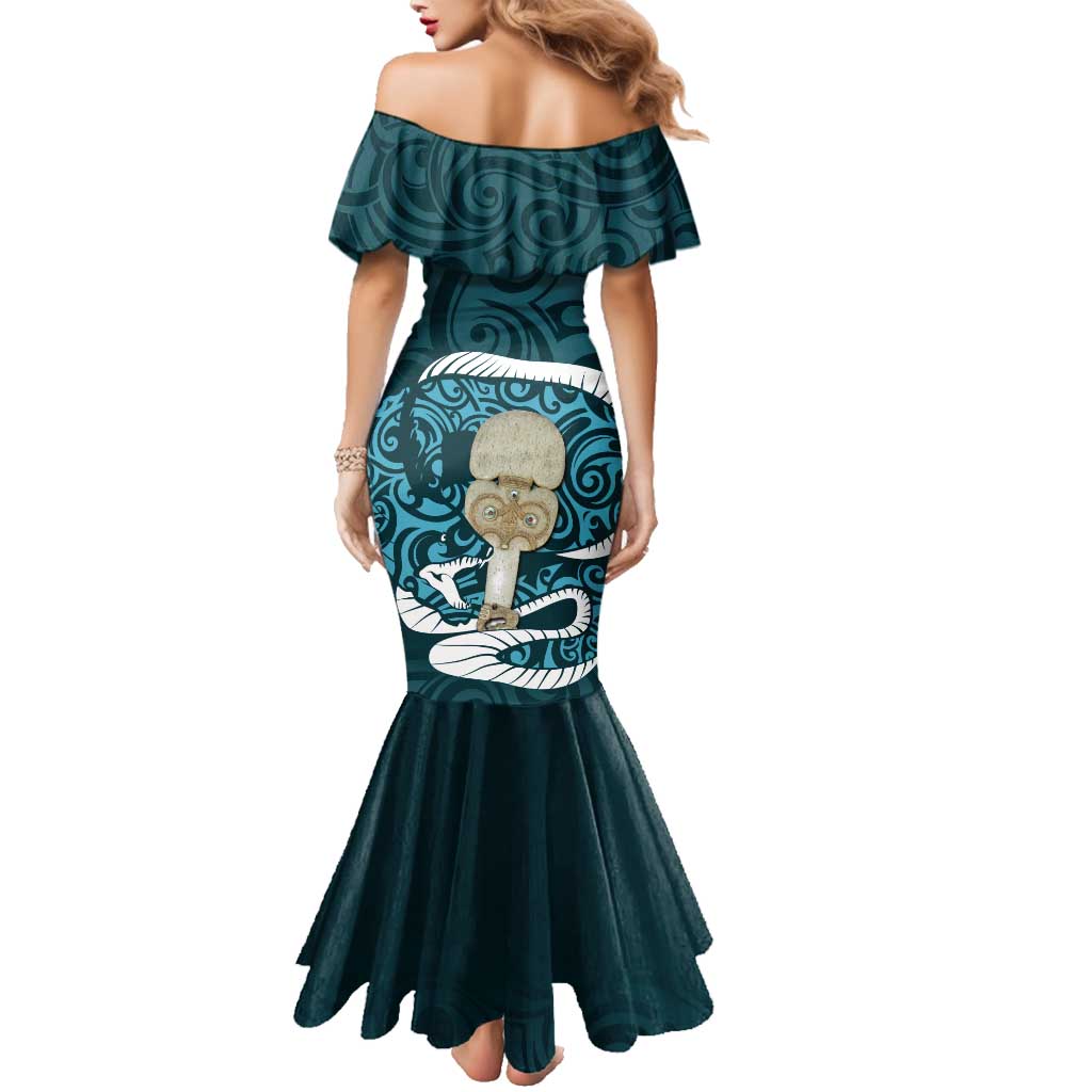 Turquoise New Zealand Eel Family Matching Mermaid Dress and Hawaiian Shirt Aotearoa Maori Tuna With Kotiate Weapon