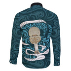 Turquoise New Zealand Eel Family Matching Off The Shoulder Long Sleeve Dress and Hawaiian Shirt Aotearoa Maori Tuna With Kotiate Weapon