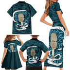 Turquoise New Zealand Eel Family Matching Short Sleeve Bodycon Dress and Hawaiian Shirt Aotearoa Maori Tuna With Kotiate Weapon
