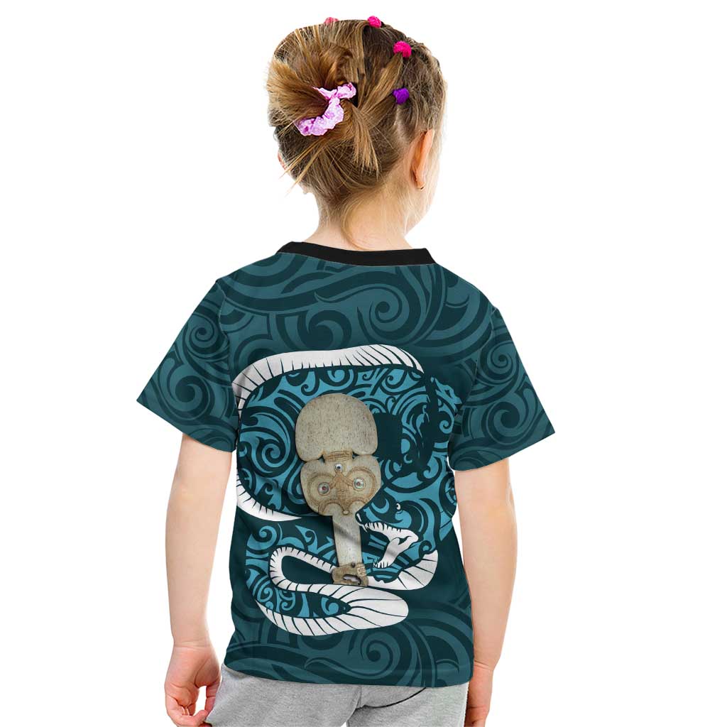 Turquoise New Zealand Eel Kid T Shirt Aotearoa Maori Tuna With Kotiate Weapon