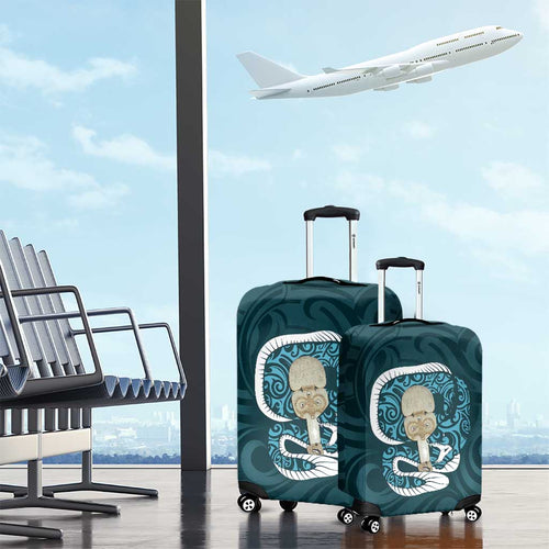 Turquoise New Zealand Eel Luggage Cover Aotearoa Maori Tuna With Kotiate Weapon