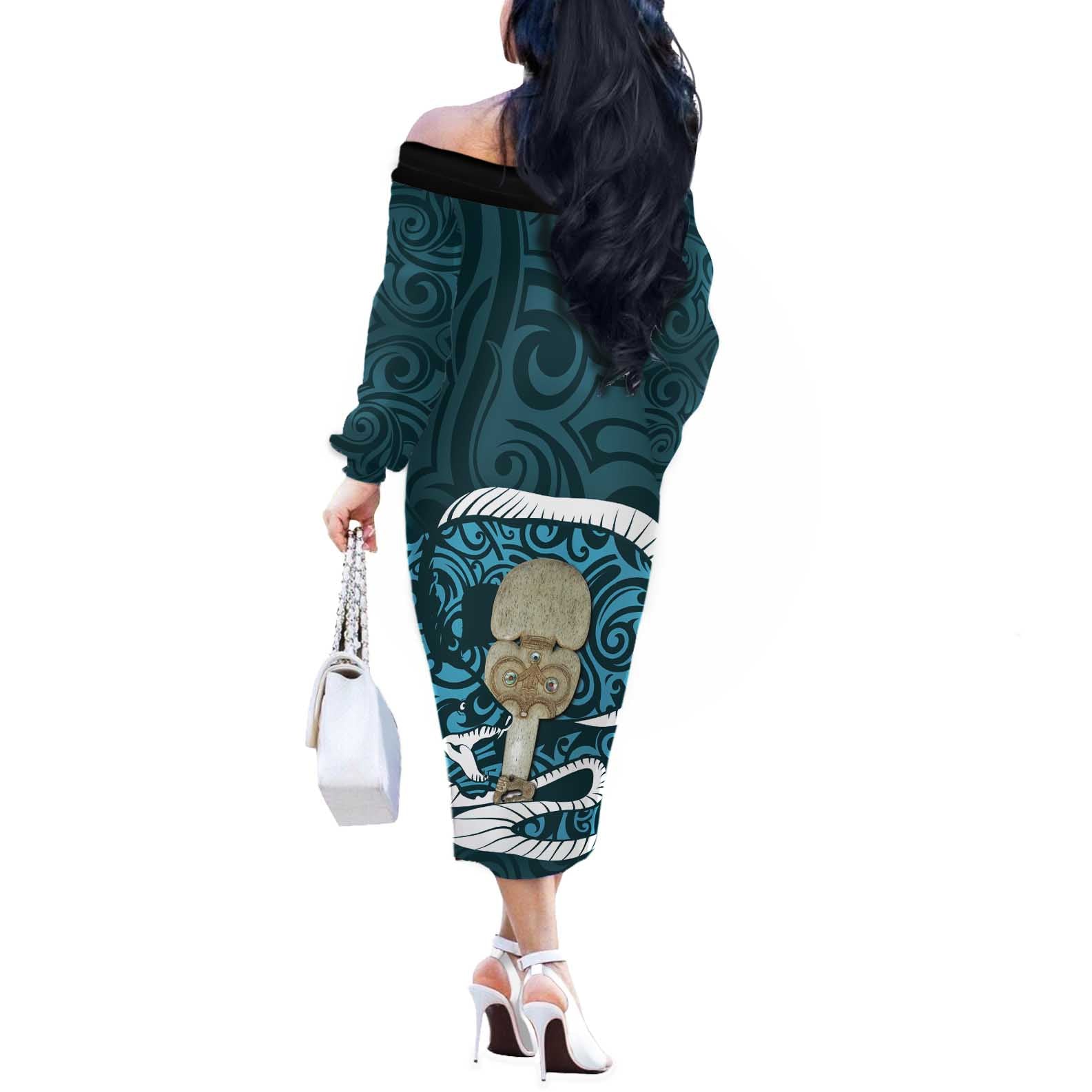 Turquoise New Zealand Eel Off The Shoulder Long Sleeve Dress Aotearoa Maori Tuna With Kotiate Weapon