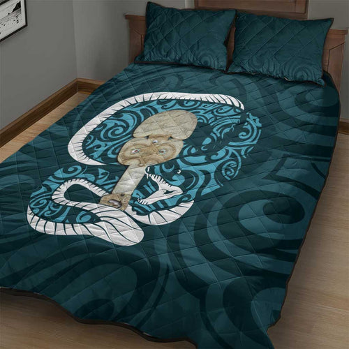 Turquoise New Zealand Eel Quilt Bed Set Aotearoa Maori Tuna With Kotiate Weapon
