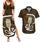 Gold New Zealand Eel Couples Matching Summer Maxi Dress and Hawaiian Shirt Aotearoa Maori Tuna With Kotiate Weapon